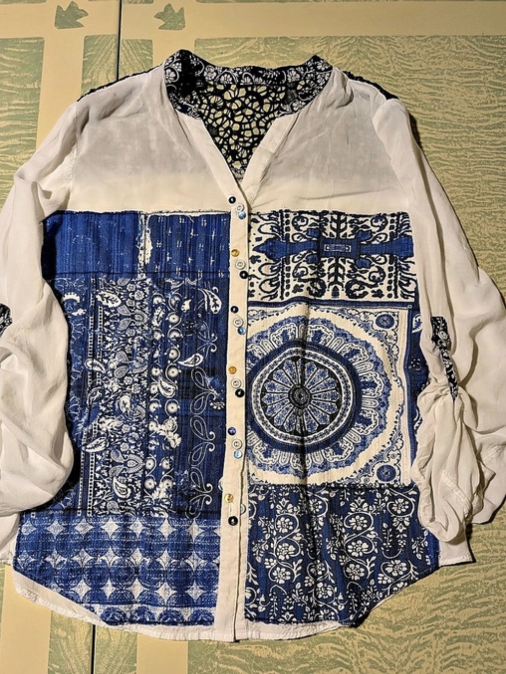 Desigual Paisley Lace Panel Blouse in Blue & White Size Large Hippie Boho